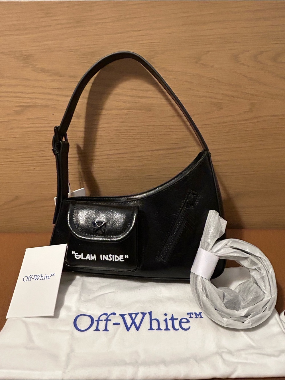 Off-White The Jitney Black Leather Shoulder Bag with White Text - Picture 16 of 16